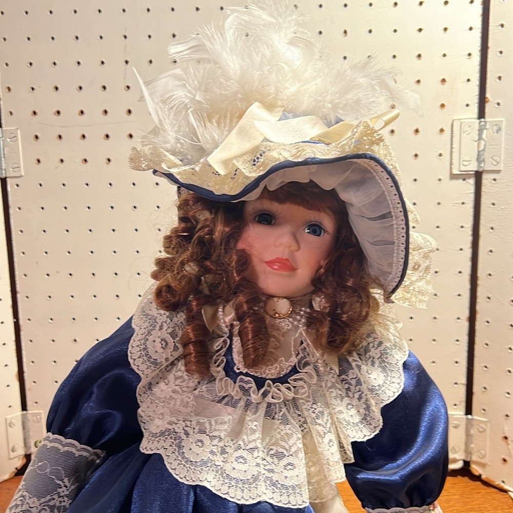 Beautiful Porcelain Doll in Blue Dress and lace with hat and purse - Picture 2 of 6